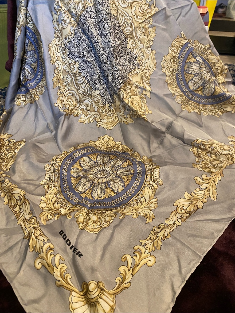 RODIER Gray Scarf with Gold and Blue Medallions